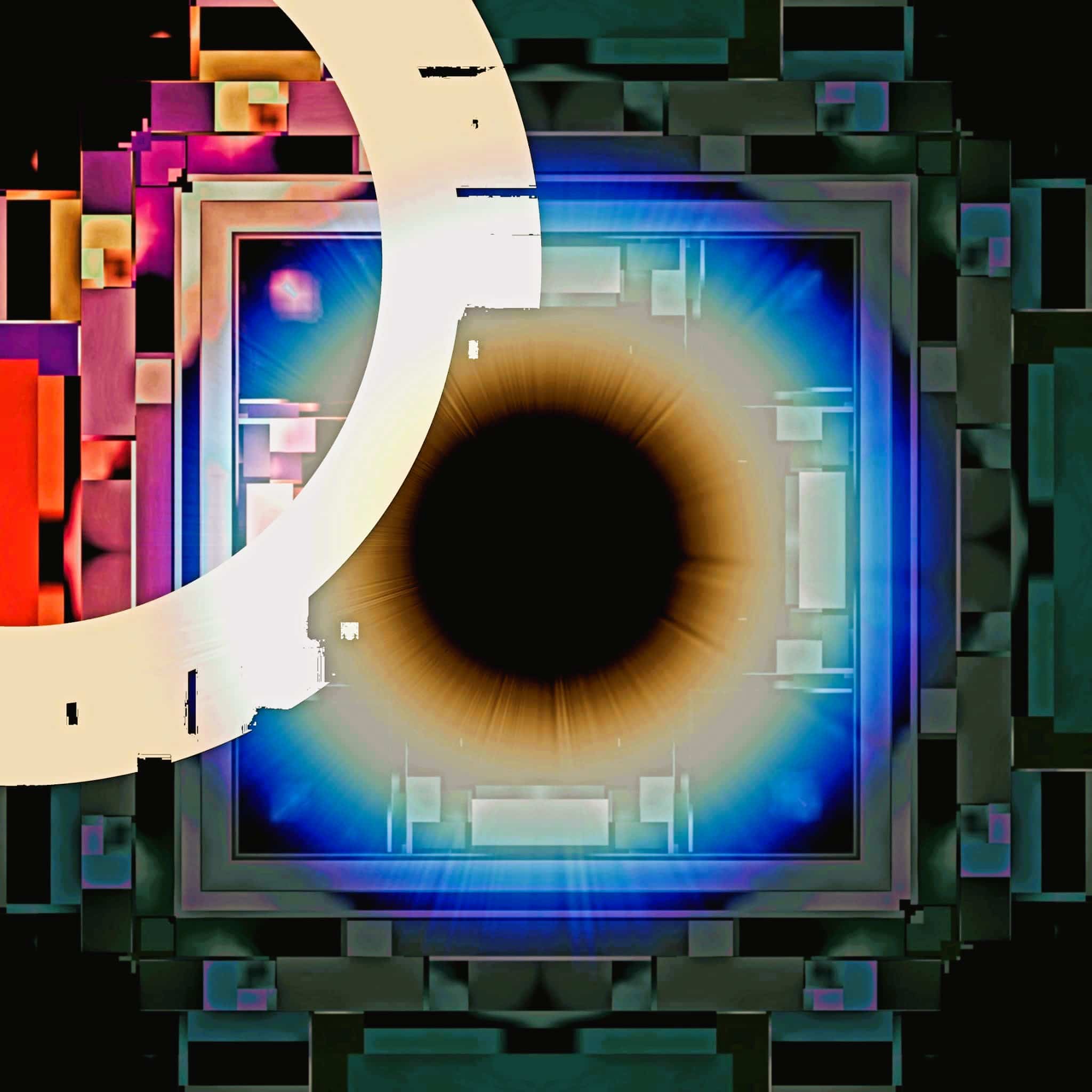 Cyber Eye digital art print - abstract glowing blue eye with black void centre and geometric circuit-board background.