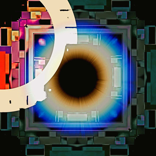 Cyber Eye digital art print - abstract glowing blue eye with black void centre and geometric circuit-board background.