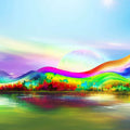 Dreamscape art print — vivid rainbow landscape with rolling hills, iridescent celestial orb, bold foliage in reds, yellows and teals, and a calm reflective lake. Museum-quality matte poster by Art of Hope.