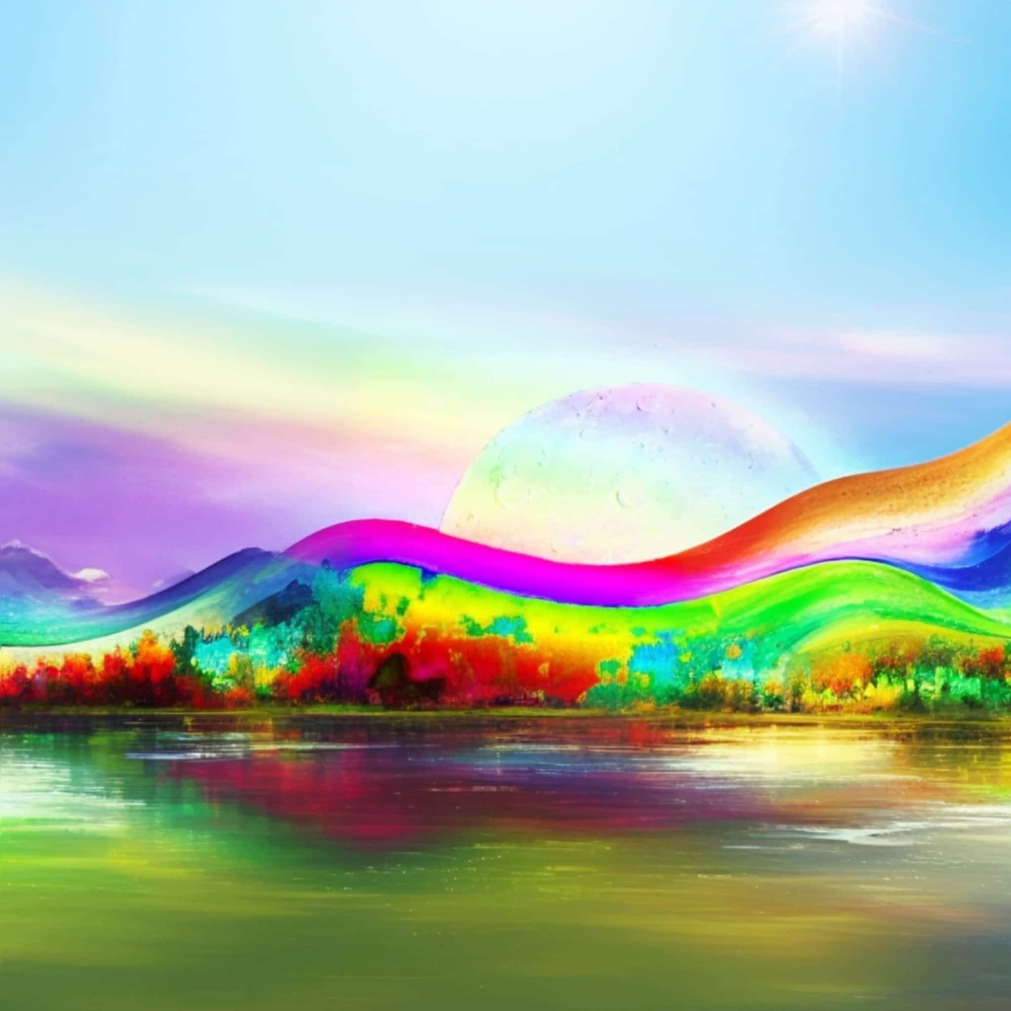 Dreamscape art print — vivid rainbow landscape with rolling hills, iridescent celestial orb, bold foliage in reds, yellows and teals, and a calm reflective lake. Museum-quality matte poster by Art of Hope.