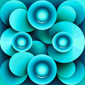 Echoes Poster - Abstract geometric pattern of overlapping circular forms in shades of blue, cyan, and teal on a dark blue background.