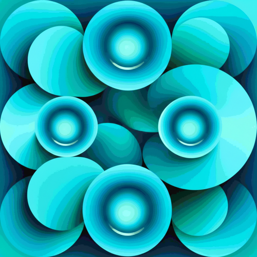 Echoes Poster - Abstract geometric pattern of overlapping circular forms in shades of blue, cyan, and teal on a dark blue background.