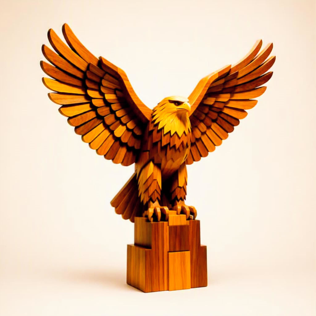 Respect Poster – Golden Eagle wooden sculpture art print with wings spread wide on a pedestal, warm amber tones.