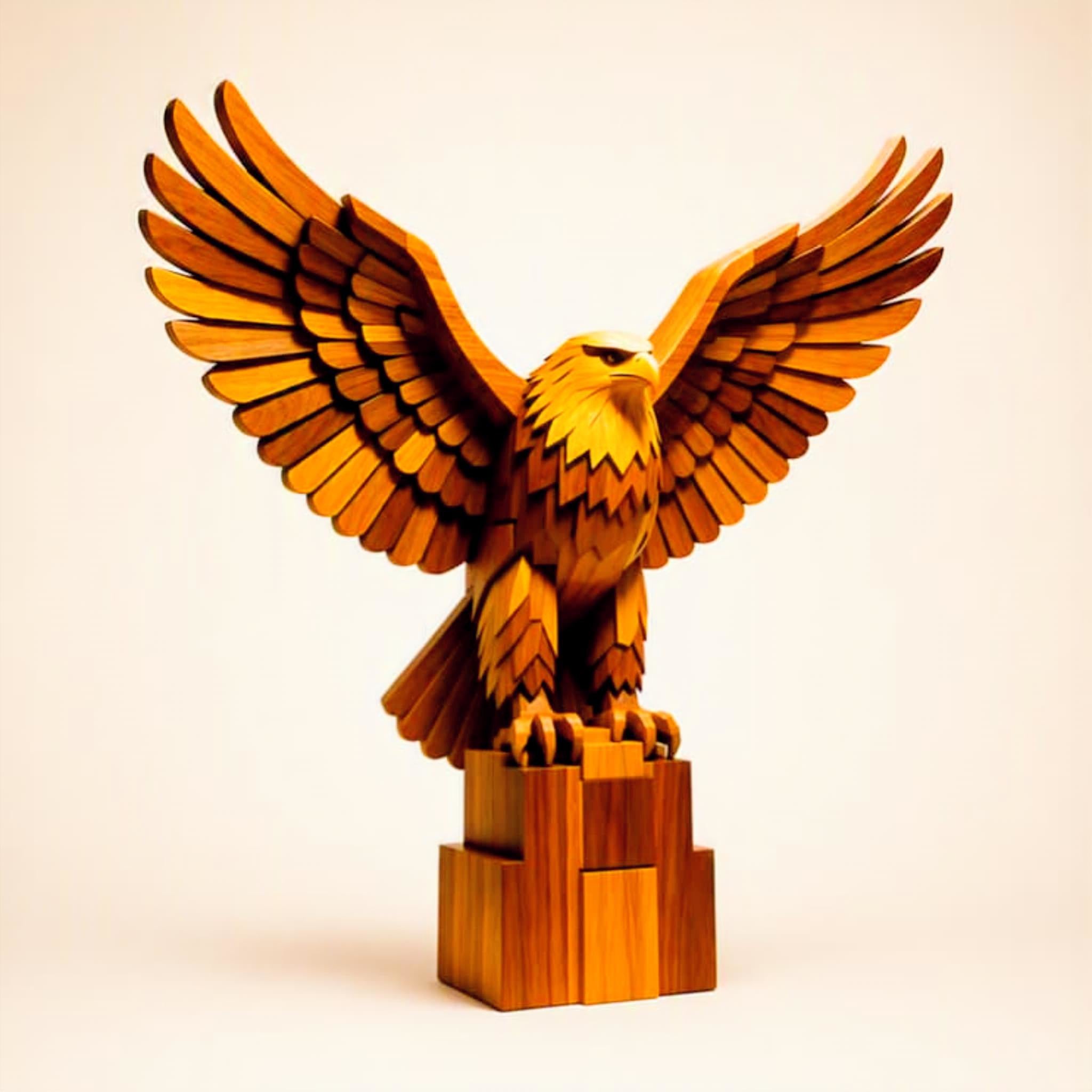 Respect Poster – Golden Eagle wooden sculpture art print with wings spread wide on a pedestal, warm amber tones.