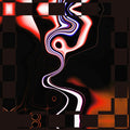 Sky Spirit – abstract digital wall art print featuring swirling neon red, blue and white fluid forms on a deep black background.
