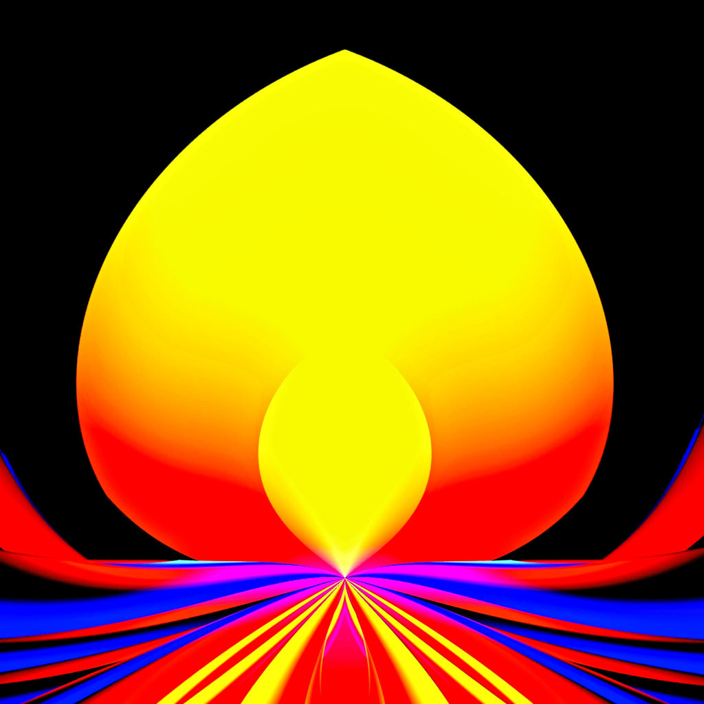 Solar Lotus Poster – bold psychedelic wall art print featuring a radiant lotus sun in vivid yellow, orange, red and blue on a black background.