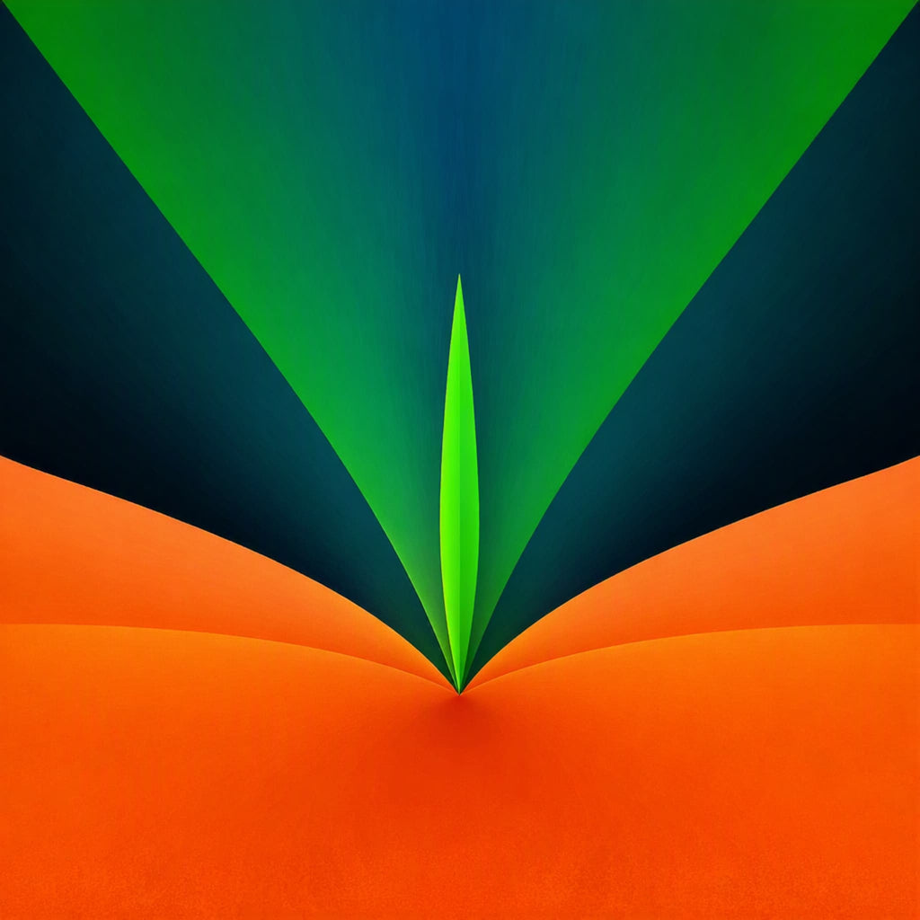 Verdant Flame Poster - Abstract geometric artwork with a bright green pointed shape rising from a wide orange base, set against dark blue and green angular fields by Art of Hope.
