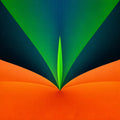 Verdant Flame Poster - Abstract geometric artwork with a bright green pointed shape rising from a wide orange base, set against dark blue and green angular fields by Art of Hope.