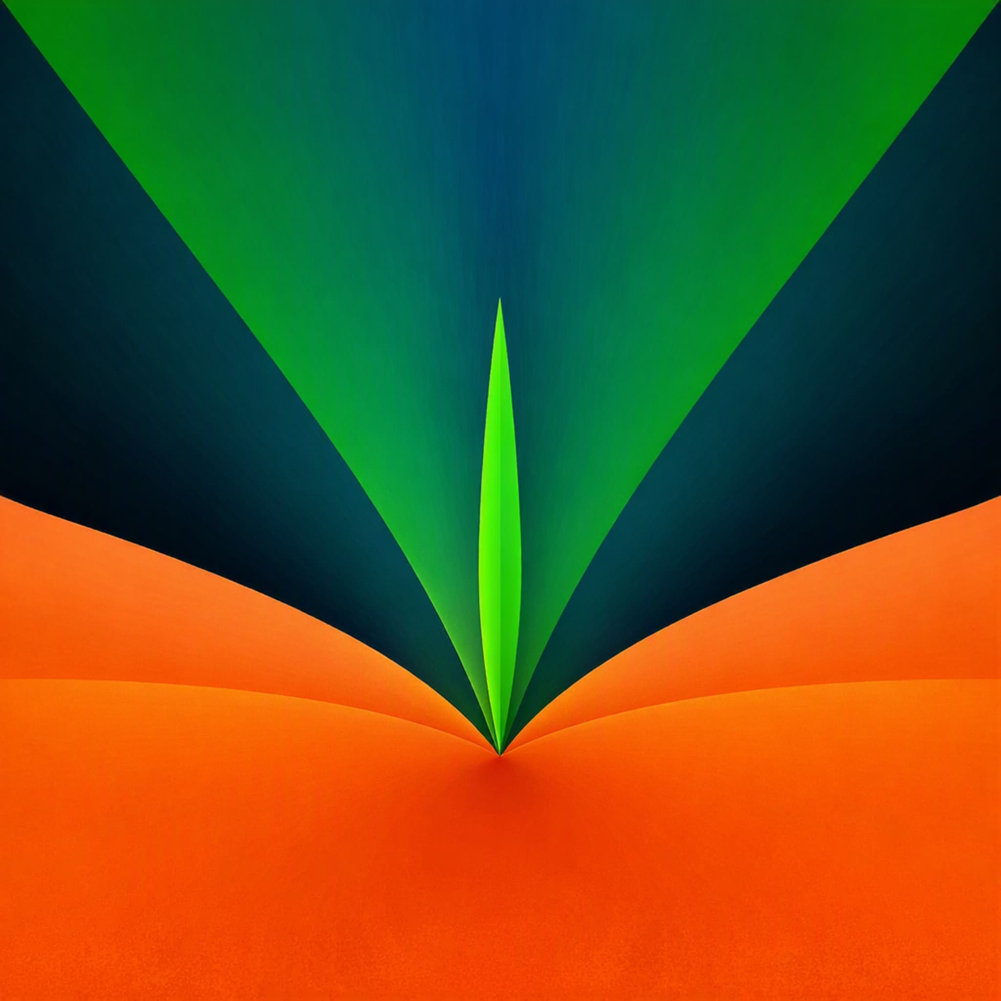 Verdant Flame Poster - Abstract geometric artwork with a bright green pointed shape rising from a wide orange base, set against dark blue and green angular fields by Art of Hope.