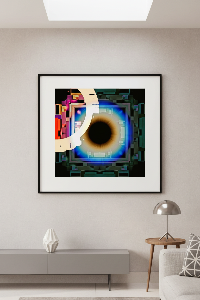 Cyber Eye framed art print with wide white matte border in black frame, displayed on a light grey wall in a modern living room.