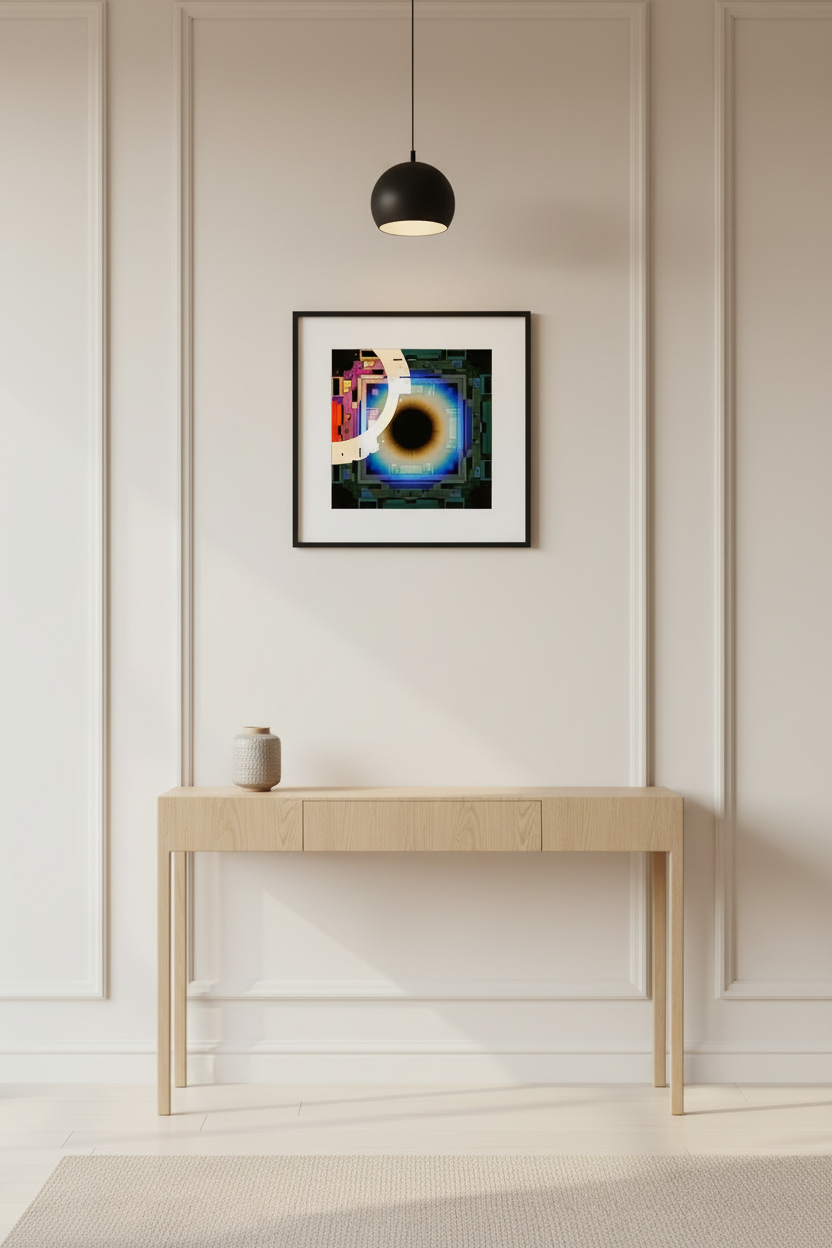 Cyber Eye framed poster with white matte in black frame, hung in a stylish modern hallway with warm lighting and console table below.