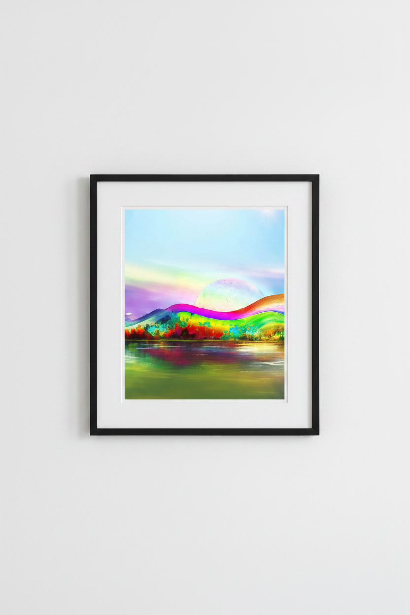 A framed art print featuring a colorful, impressionistic landscape with rolling hills and a reflective body of water, displayed on a light gray wall.