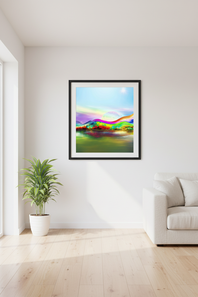 Dreamscape Poster displayed as a framed 24×24 inch print — colourful dreamlike landscape artwork in a white frame, product mockup by Art of Hope.