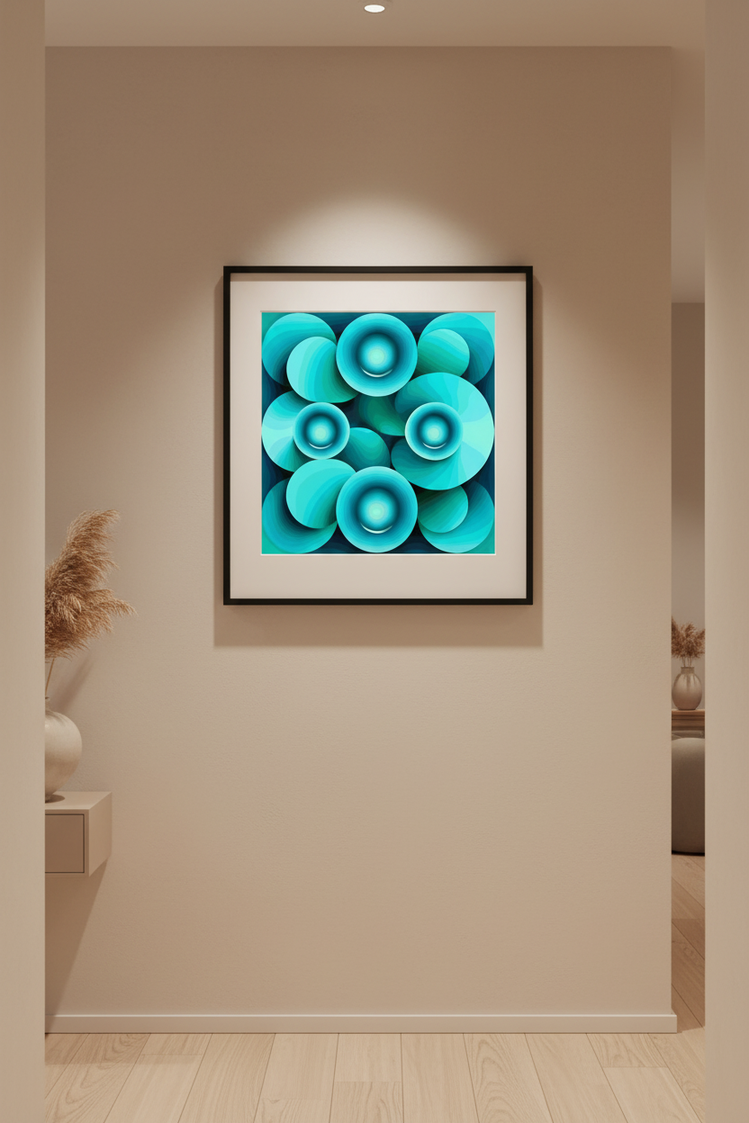 Echoes Poster - Abstract teal and cyan spheres art poster in a thin black frame hanging in a modern hallway.