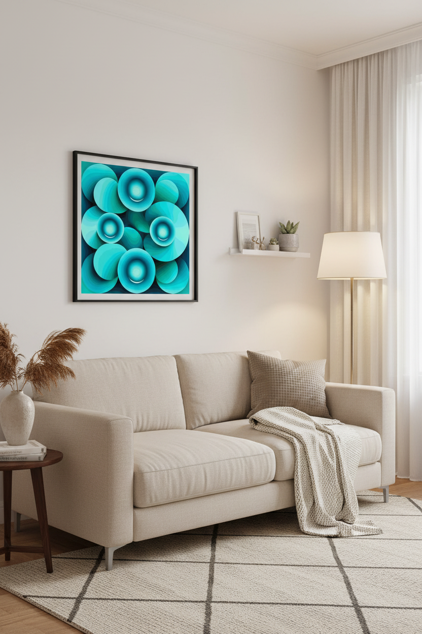 Echoes Poster - Abstract teal and cyan spheres art poster framed in black displayed above a sofa in a modern sitting room.
