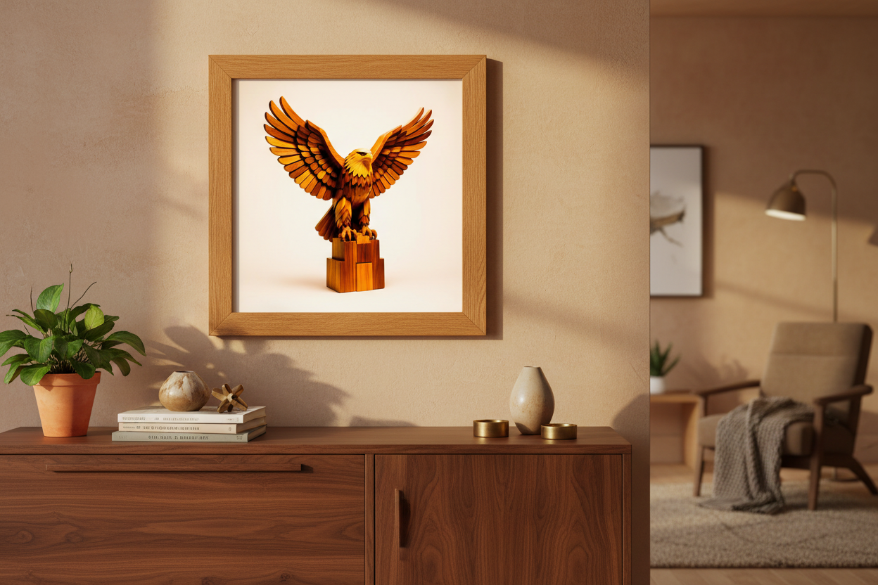 Respect Poster in oak wood frame above mid-century modern sideboard – golden eagle wall art in warm living room setting.