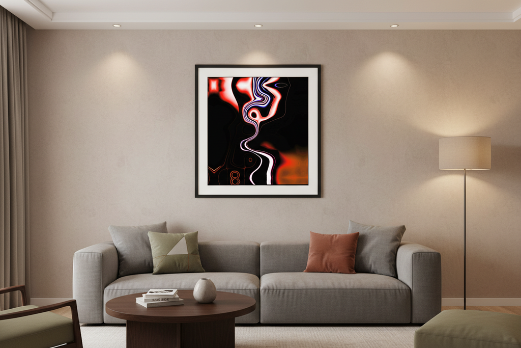 Sky Spirit Poster wall art poster in matte black frame with white mat border, modern living room setting.