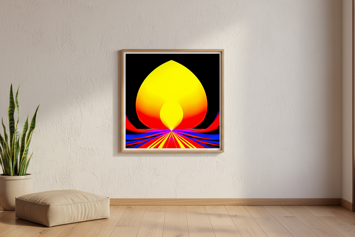 Solar Lotus Poster displayed in a serene meditation room – framed square art print on a warm neutral wall with Zen decor.