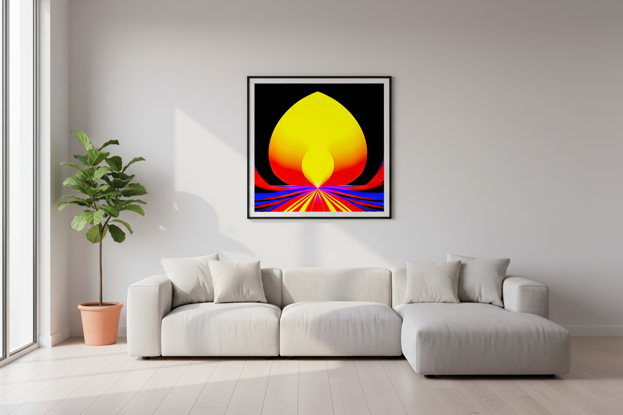 Solar Lotus Poster in a modern minimalist living room – framed square print as a bold accent piece on a light grey wall.