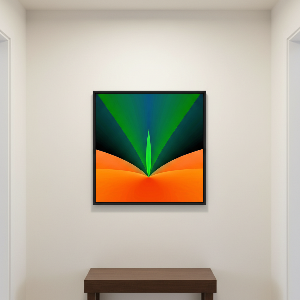 Verdant Flame square art Poster in a black frame displayed on a white wall in a modern hallway entrance.